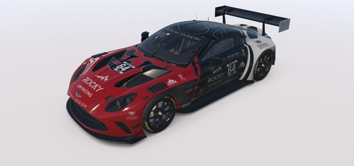 Rocky Sim Racing GTP car racing at night during the Sebring endurance event